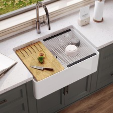 Farmhouse Kitchen Sink Workstation 30 inch, White Fireclay Apron Front Farm S...