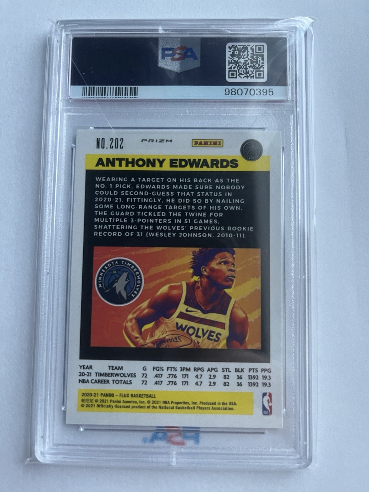 2020 Flux Light Blue #202 Anthony Edwards PSA 10 RC rookie view 2