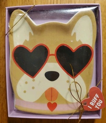 Eccolo ''I Ruff You'' French bulldog ceramic trinket tray, heart-shaped Sunglasses