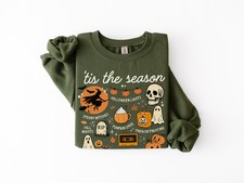Tis The Season Halloween Sweatshirt Black Cat Pumpkin Skeleton Ghost Spooky Fall