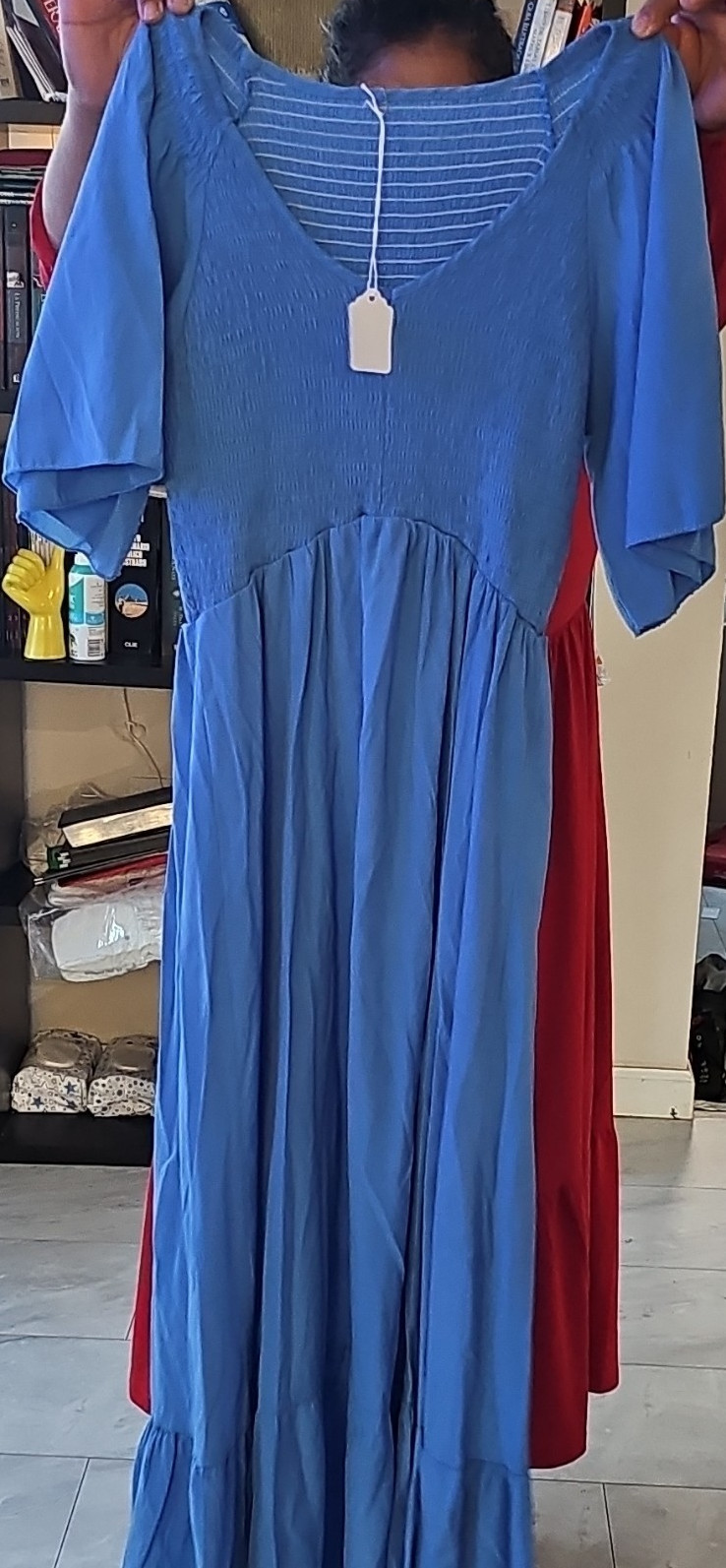 Women's Blue Solid Scoop Neck 3/4 Sleeve Long Maxi Dress, Regular, M