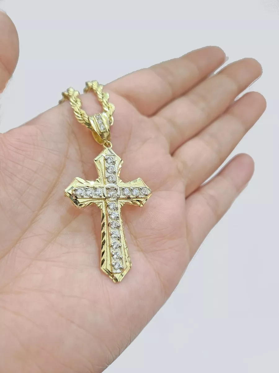 Real 10k Yellow Gold Cross Charm Rope Chain Necklace 4mm 28