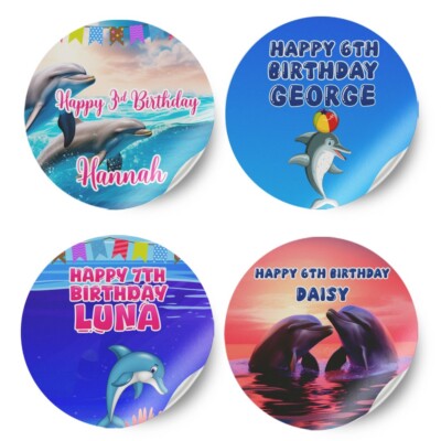 Personalisierte Delfin Design beliebiger Name Geburtstag Aufkleber Party Deko Etikett 21