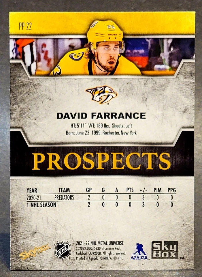 2021-22 Metal Universe Skybox Premium Prospects Sapphire #PP-22 David Farrance - Image 2 of 2