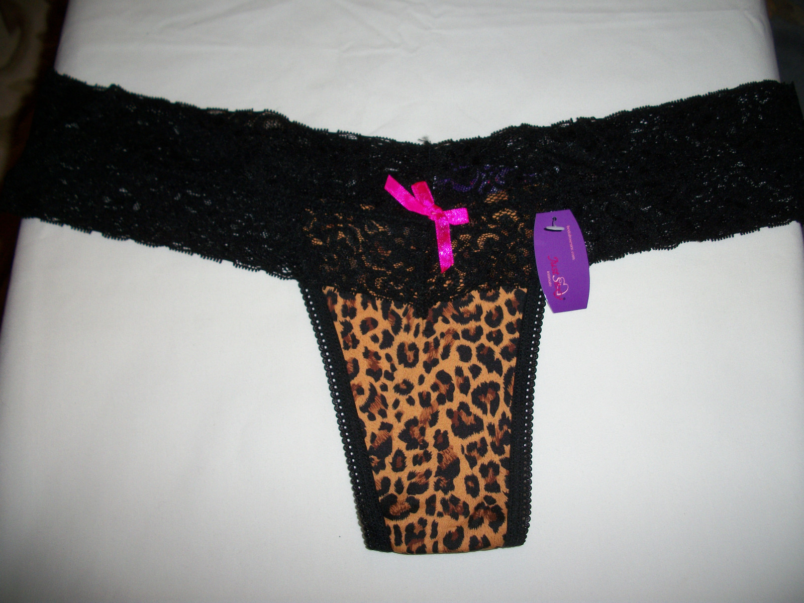 LADIES THONG BRIEF PANTY SIZE 9 / 2X LEOPARD W/ BLACK LACE BY JUST SEXY INTIMATE