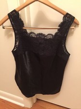 Vintage 80s Black Polyester Silky Lace Camisole Top Lingerie Pajama 34 S
