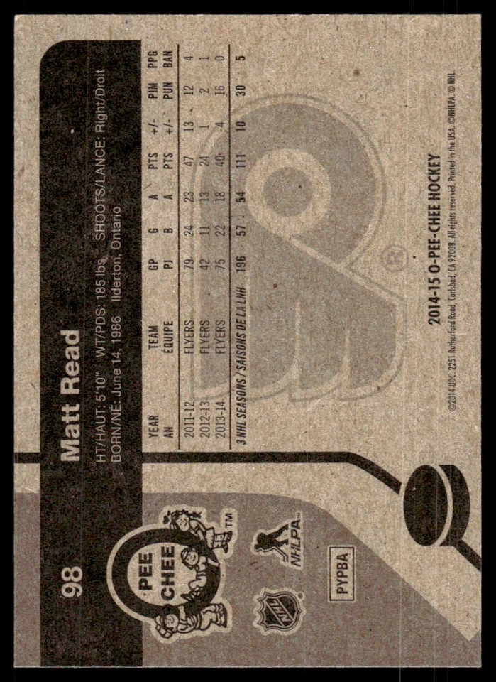 2014-15 O-Pee-Chee RETRO  Matt Read Philadelphia Flyers #98 R47 - Image 2 of 2