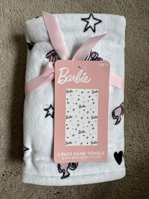 Barbie white set of two logo all over print hand towels set NWT
