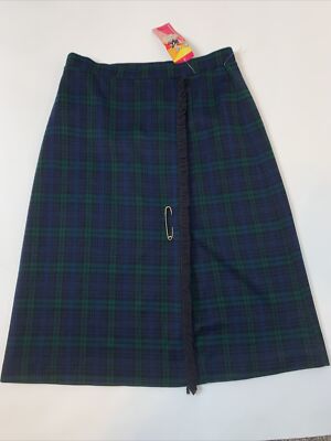 vintage kilt style skirt Blue Nd Green Plaid Skirt with pin size 14 Dead stock