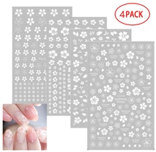 4Pcs Set 3D Nail Stickers White Flowers Adhesive Nail Art Decals Manicure NS44