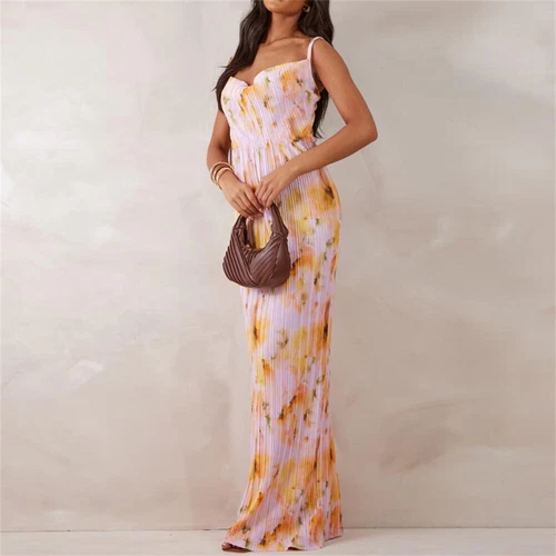 Cowl Neck Plisse Maxi Dress Sleeveless Printed Tank Dress Summer Beach Dresses - Bild 36 von 39