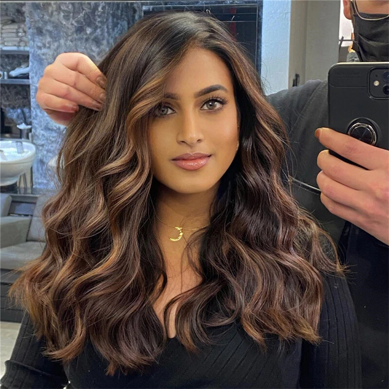 100% Human Hair Wigs Brown Blonde Highlight  Wavy Lace Front Wig 13x4 - Image 2 of 4