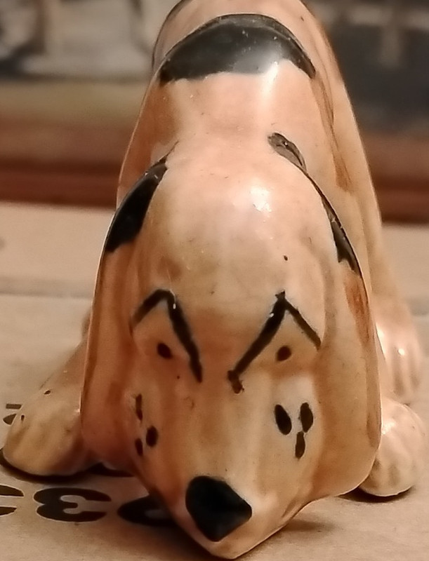 Hand-Painted Ceramic Dog Figurine Head Down, Tan with Black & Brown Spots