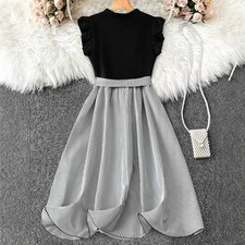 French Retro V-Neck Patchwork Dress – High Waist Black & White Striped A-Line Mi