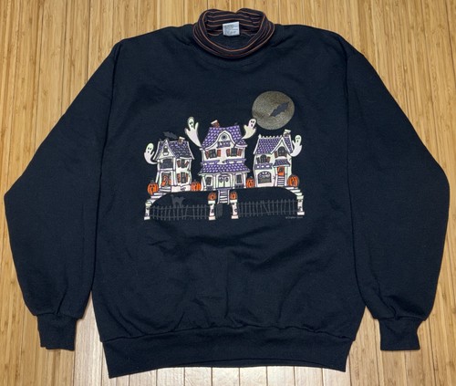 Gopher Sport Vintage Oma Sweatshirt Mock Neck Halloween Geist leuchtet im Dunkeln L - Bild 1 von 9