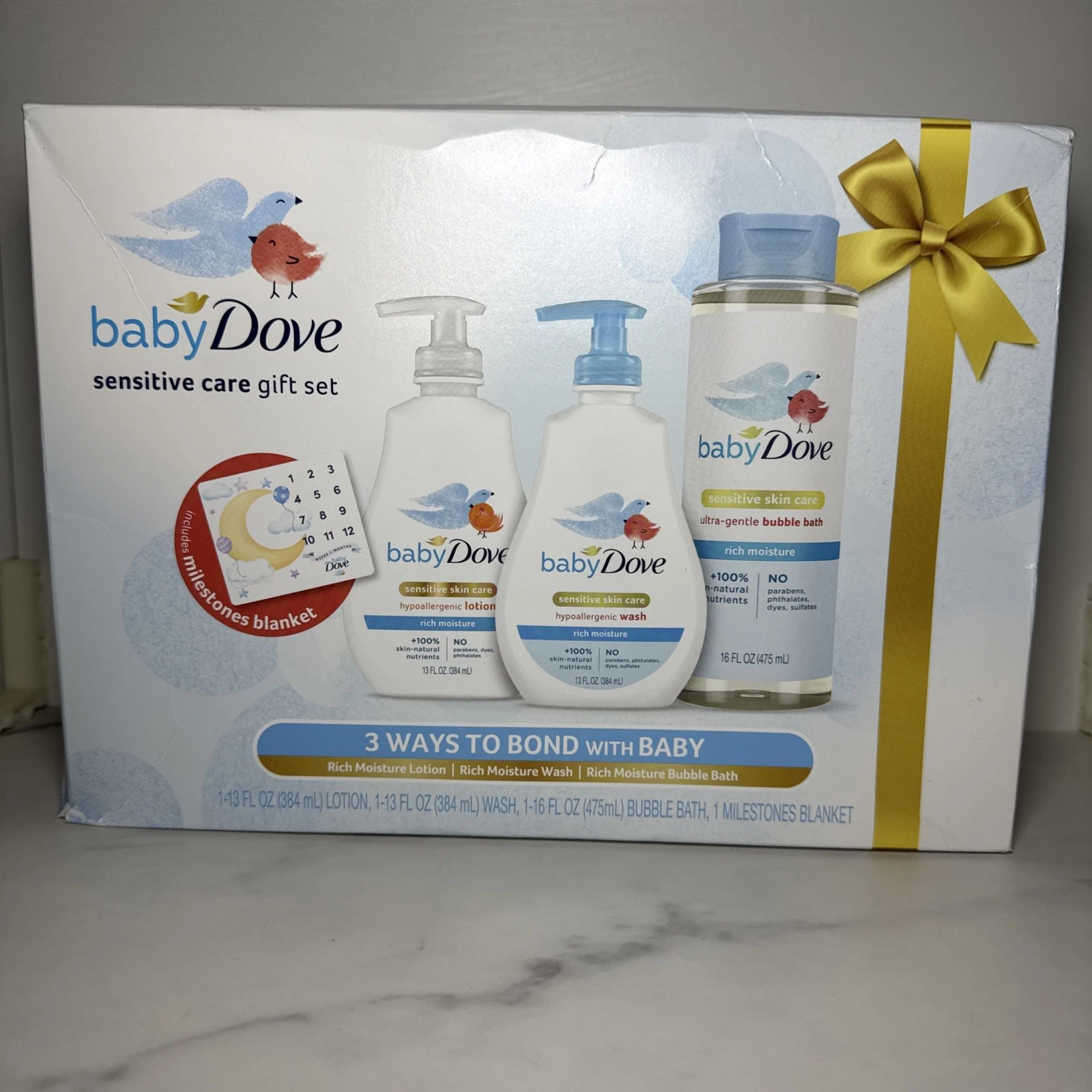 Baby Dove Sensitive Care Gift Set Lotion, Wash, Bubble Bath + Milestones Blanket