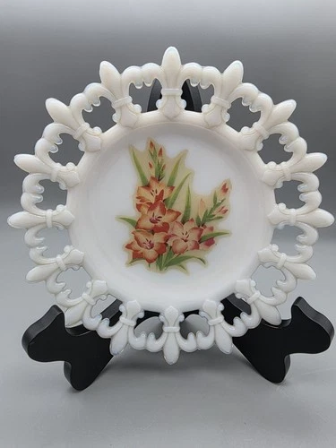 Vintage Westmoreland White Milk Glass Plate Orange Lillies Fleur De Lis Edge