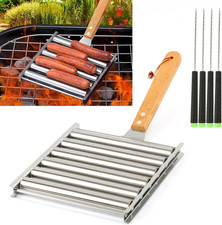 Hot Dog Roller for Grill Stainless Steel BBQ Hot Dog Grill Roller with Wooden Ha