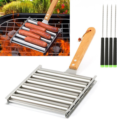 Hot Dog Roller for Grill Stainless Steel BBQ Hot Dog Grill Roller with Wooden Ha