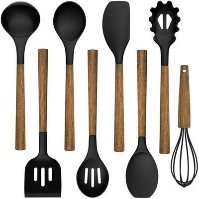 8 Pc Kitchen Utensil Set, Food Safe Silicone, Wood Handle Cooking Tools, Black