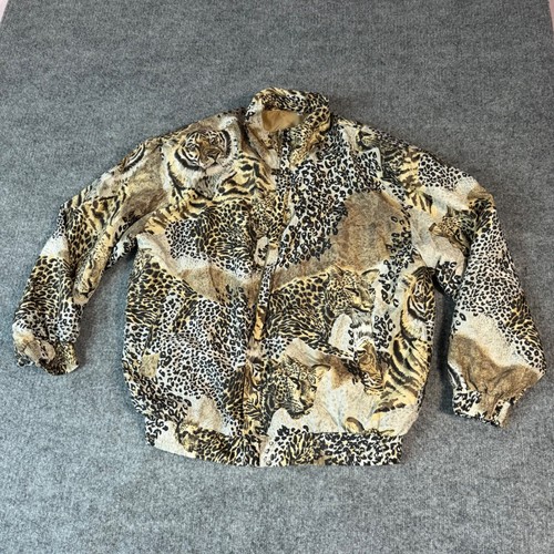 VTG Fuda International Bomber Jacket Unisex Medium Tan Silk Animal Print EUC