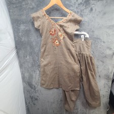 Womens Brown Floral Embroidered Tunic Top Drawstring Pants 2 Pc Set