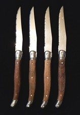Vtg Lot of 4 Laguiole Inox Serrated Steak Knives 9" Real Wood Handles Stainless 