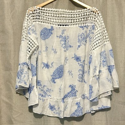 Zac & Rachel Large Lace Shoulder Gauze Chiffon Paisley Crochet Ruffle Hem Top
