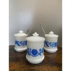 Set of 3 Sweet Pea vintage Hazel Atlas milk glass condiment jars