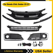 For 2019-2021 Honda Civic Sedan Front Upper Lower Grille+Fog Lights Kit Set 8pcs