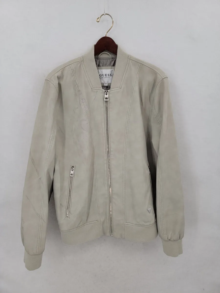 Guess Mens Off White Long Sleeve Full Zip Faux Leather Bomber