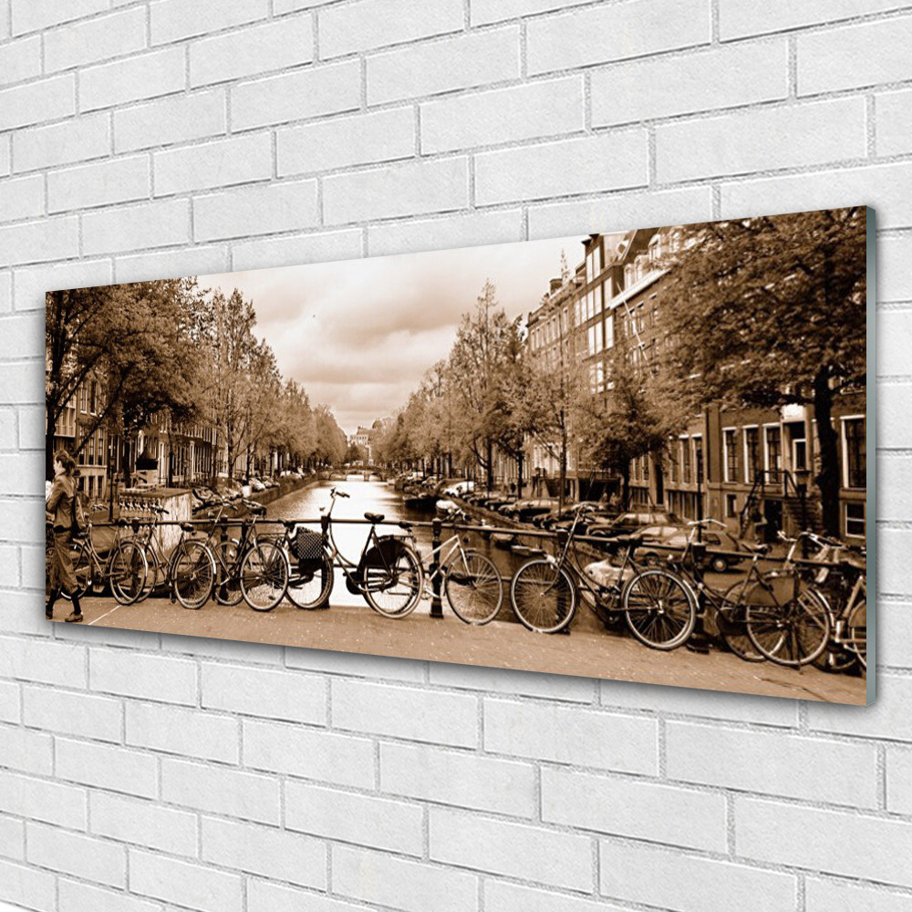 Tableau paysage rivière vélos arbres décoration murale verre acrylique