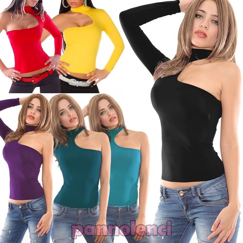 Maglietta donna mono manica scollata disco maglia donna top blusa colletto  AV778 | eBay