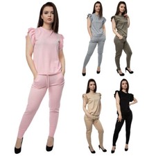 Womens Frill Ruffle Peplum Sleeve Top Bottom Ladies Lounge Wear Set Tracksuit UK