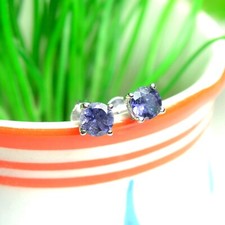 Genuine Iolite Round Gemstone 925 Sterling Silver Women Handmade Stud Earrings