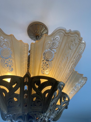ANTIQUE VINTAGE ART DECO LIGHT FIXTURE CHANDELIER SLIP SHADE Consolidated Glass - Picture 9 of 19
