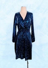 NWT'S JM STUDIOS by John Meyer $129 Blue SEQUIN Dress Surplice FAUX WRAP Size 6 