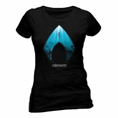 Women's Aquaman Movie and Symbol Black Fitted T-Shirt - Picture 1 of 2