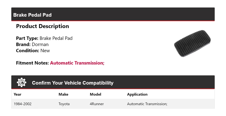 Pastilla de pedal de freno para Toyota 4Runner Dorman 1984-2002 1985 1986 1987 1988 1989 Foto 2 de 4