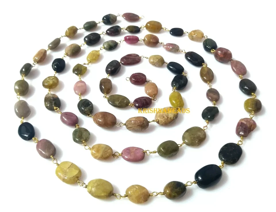 Cadena Natural Multi Turmalina Ovalada 6x9mm Rosario Cuentas Chapada en Oro 3 Pies Foto 3 de 4