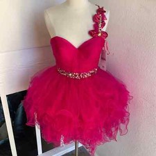 Fuchsia Pageant Rhinestone Embellished Prom Evening Mini Tulle Dress