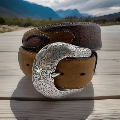 NWT Brighton Tony Lama Justin Brown Tooled Leather Belt size 36 women’s Justin FENCED IN Leather Belt Size 36 Brown C13665 NWT List  main image 4