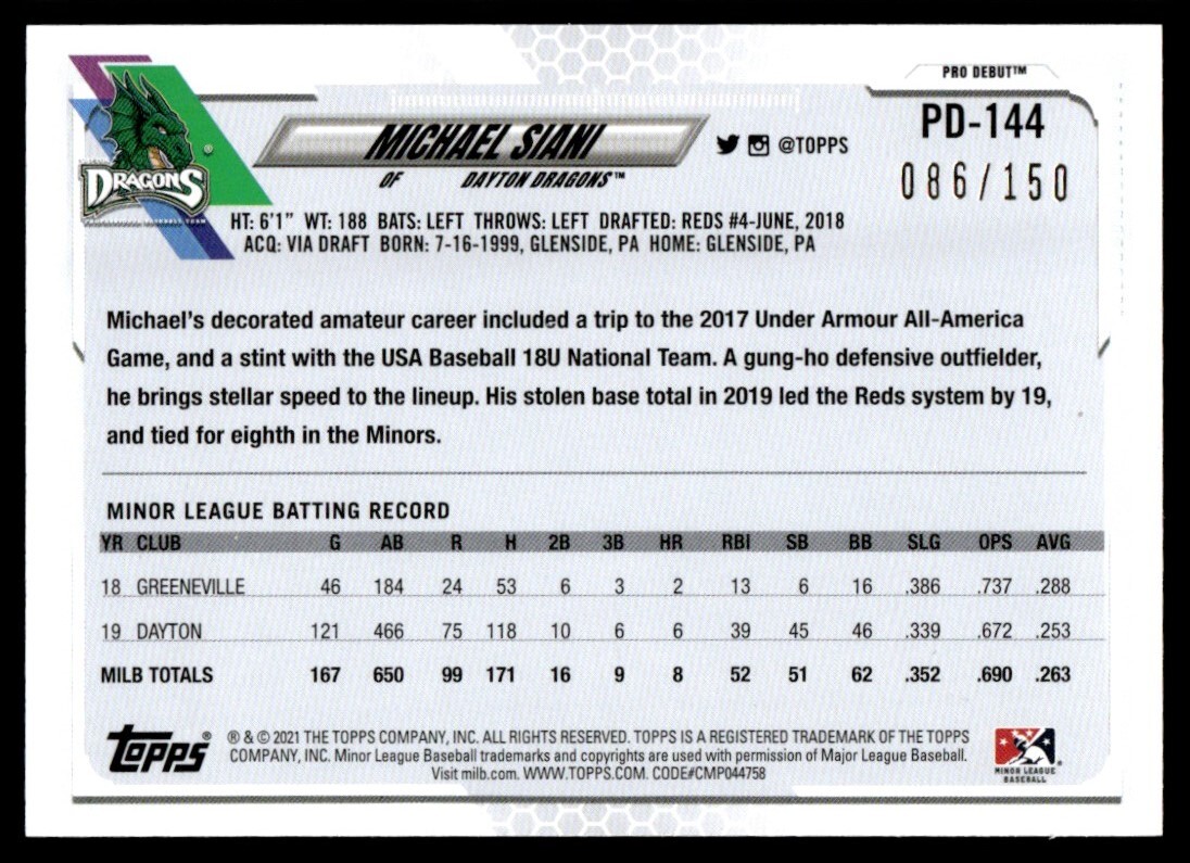 2021 Topps Pro Debut Blue Michael Siani 086/150 Dayton Dragons #PD