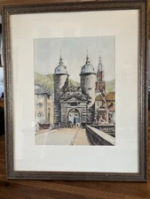 Vintage Etching Aquatint Heidelberg Castle Bridge Framed