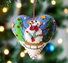 Primitive Christmas Handcrafted Felt 3  Blue Heart with Snowman w/ Greens Orname