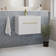 Image of 600mm White Wall Hung Vanity Unit with Basin and Brass Hand BUN/BeBa_28201/80010