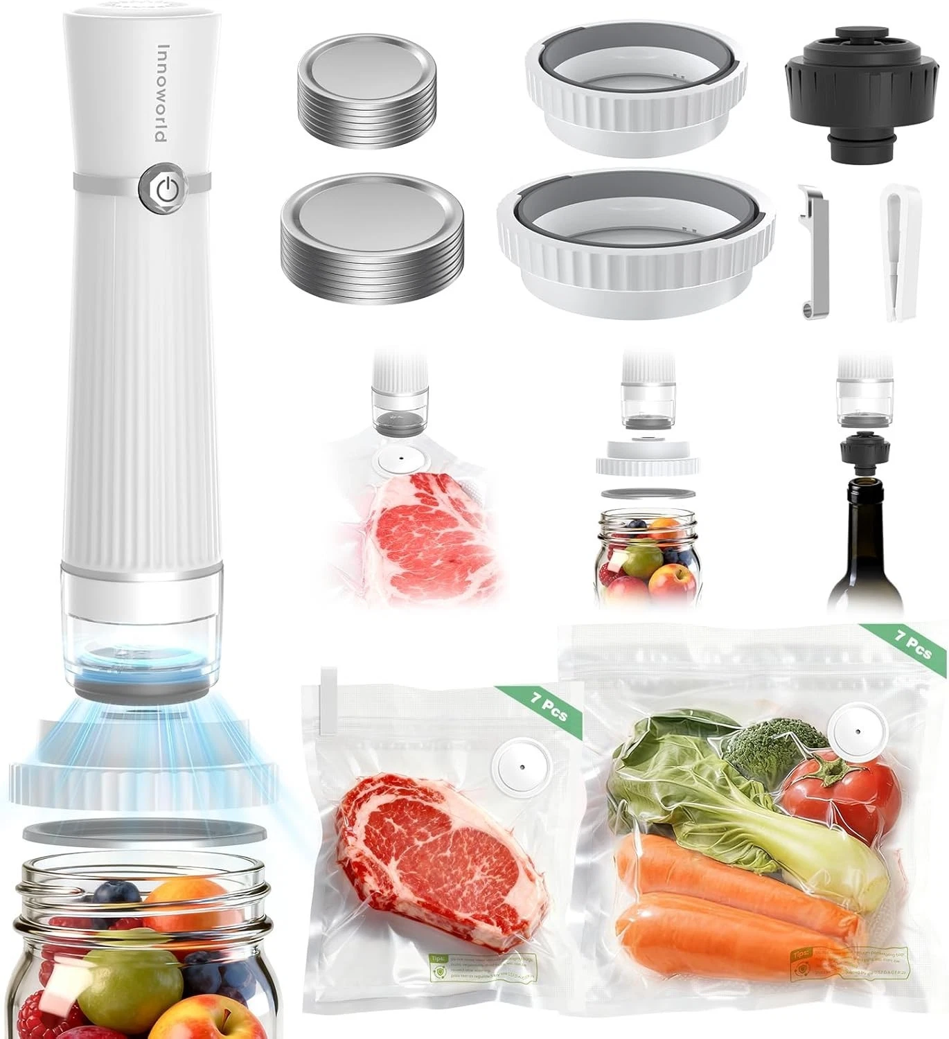3-in-1 Vacuum Sealer Food Compatible W/ Vacuum Bag Mason Jar Wine Bottle