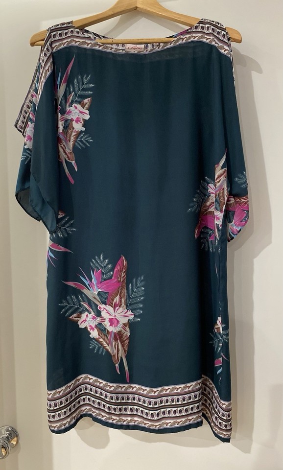 Leona Edminston Ladies Kaftan Short Dress Size 12 - Dark Green With Floral Print