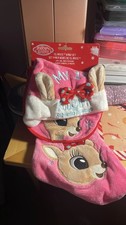 Rudolph Reindeer Baby 1st Christmas Hat Bib Stocking Set Pink