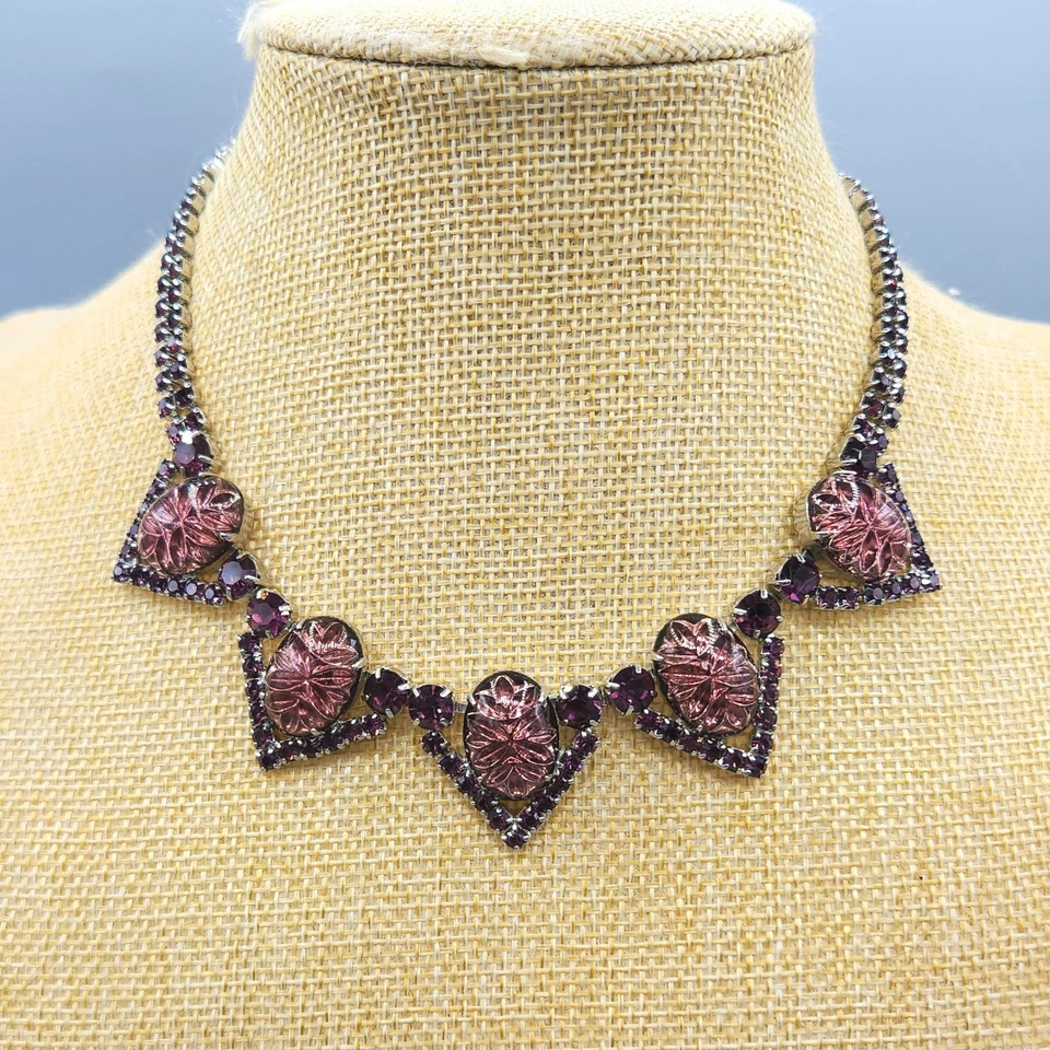 Vintage Purple Reversed Carved Art Glass Cab Rhinestone Necklace 15" & Earrings - Image 3 of 4